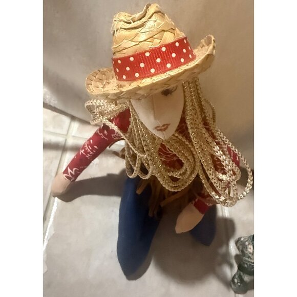 Handmade Elies Whimsi-Gals Cowgirl Rag Doll With Straw Hat & Braided Yarn Hair - Picture 2 of 7